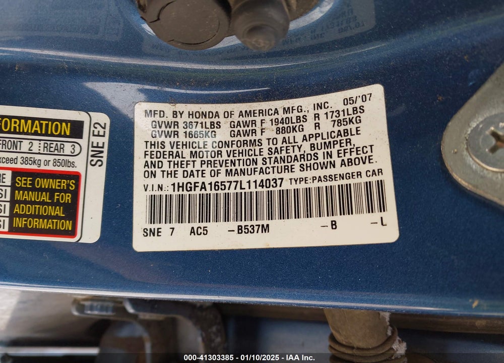 2007 HONDA CIVIC LX VIN: 1HGFA16577L114037