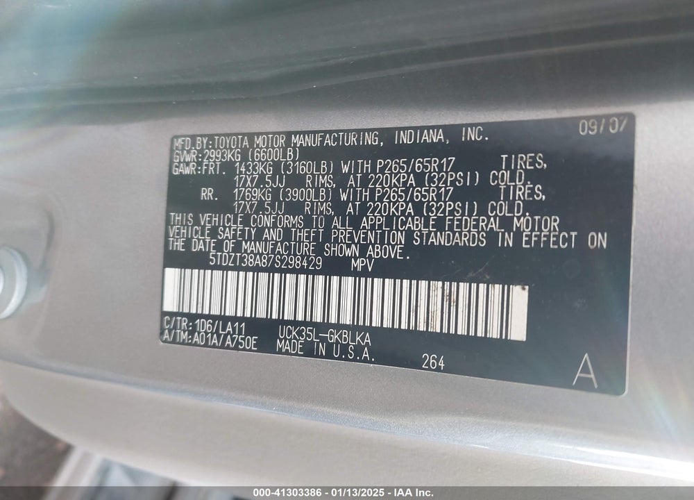 2007 TOYOTA SEQUOIA LIMITED V8 VIN: 5TDZT38A87S298429