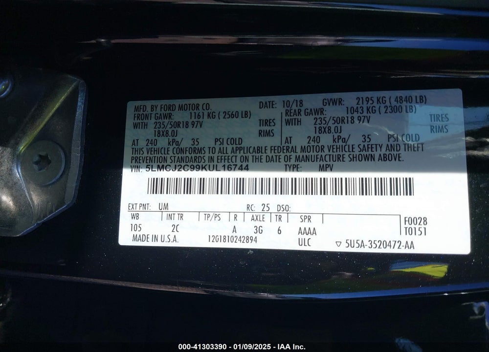2019 LINCOLN MKC SELECT VIN: 5LMCJ2C99KUL16744