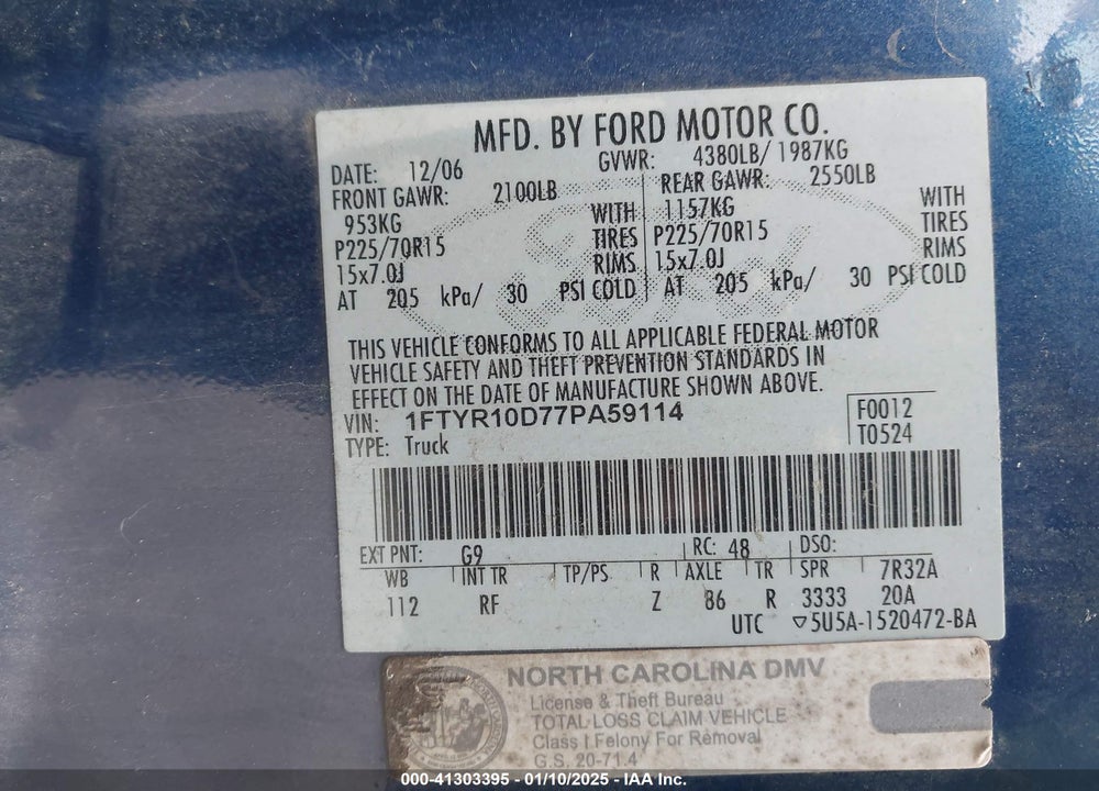 2007 FORD RANGER VIN: 1FTYR10D77PA59114