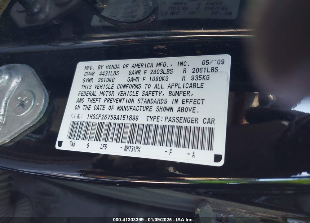 2009 HONDA ACCORD VIN: 1HGCP26759A151899
