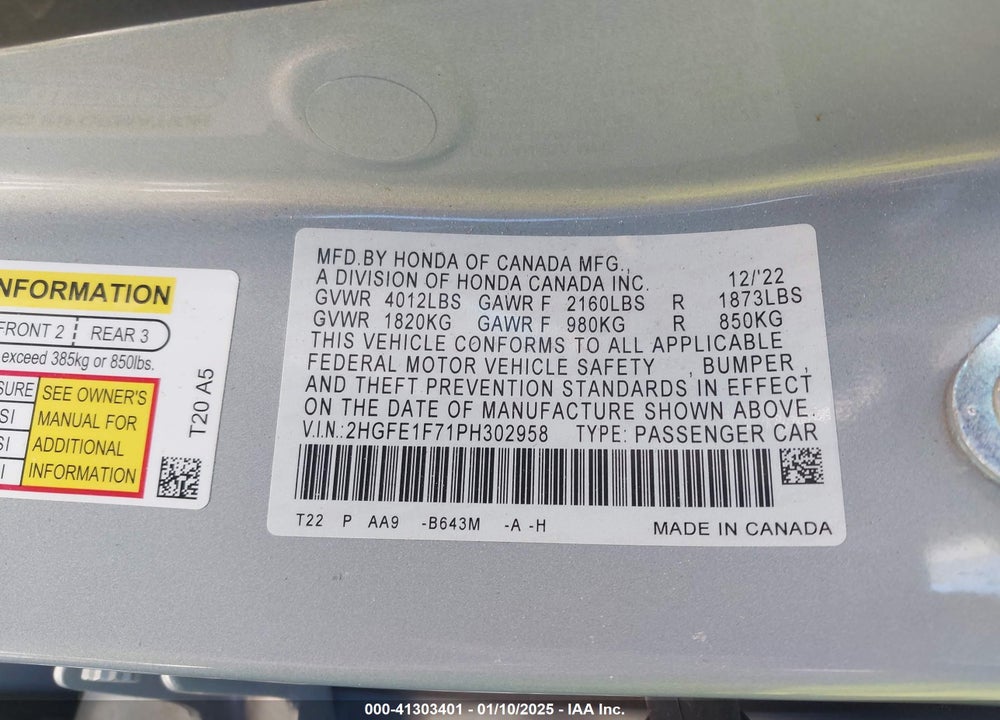 2023 HONDA CIVIC VIN: 2HGFE1F71PH302958
