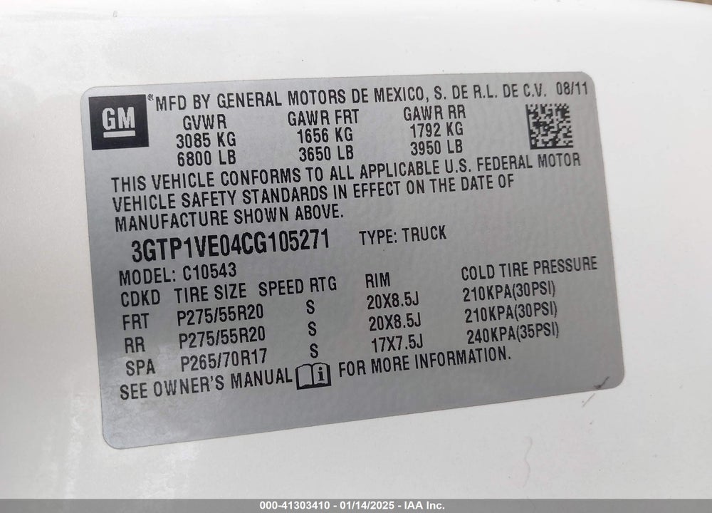 2012 GMC SIERRA 1500 VIN: 3GTP1VE04CG105271