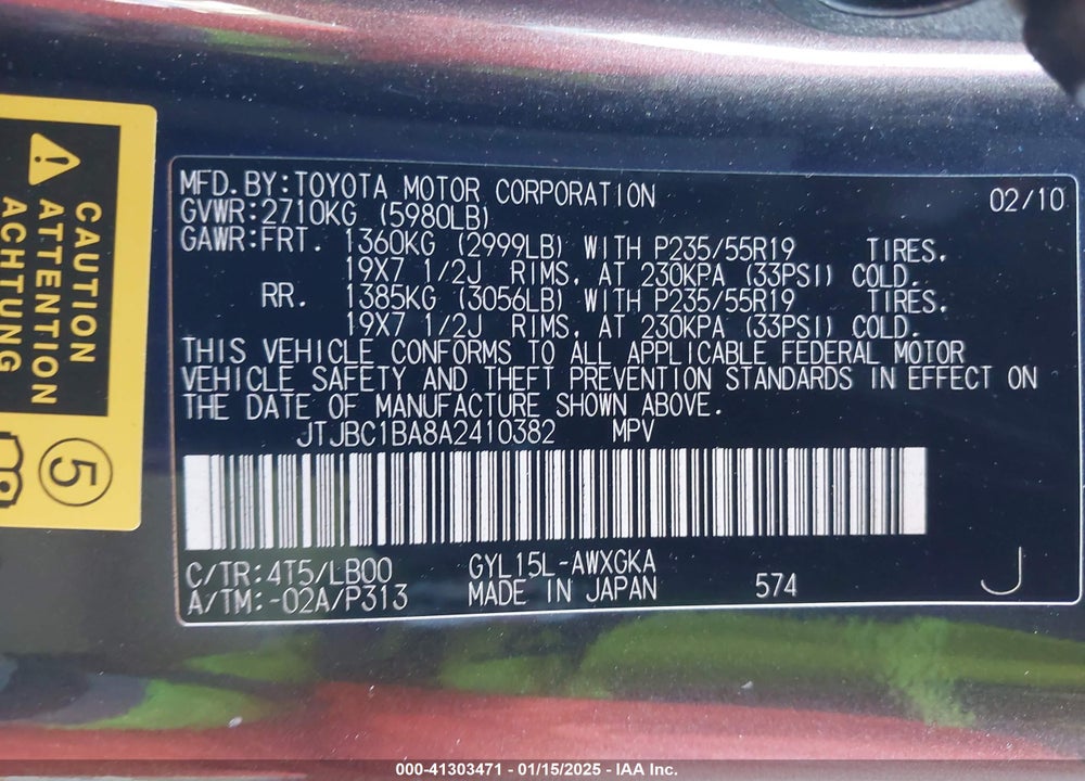2010 LEXUS RX 450H VIN: JTJBC1BA8A2410382