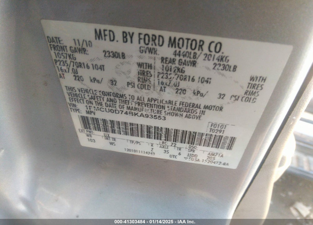 2011 FORD ESCAPE XLT VIN: 1FMCU0D74BKA93553