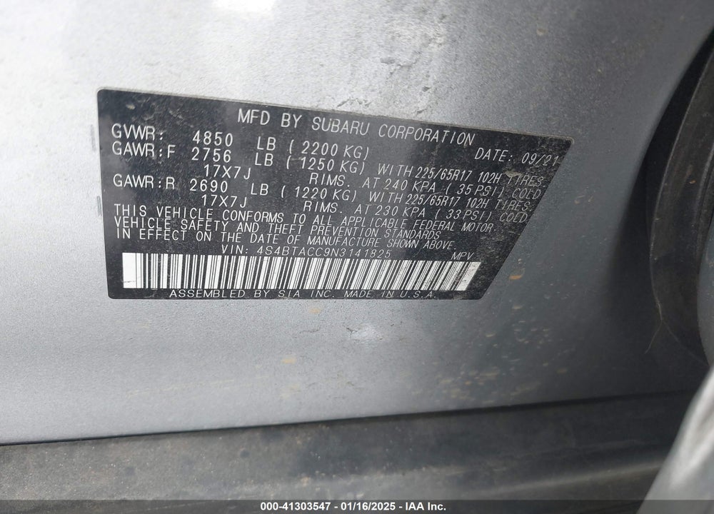 2022 SUBARU OUTBACK PREMIUM VIN: 4S4BTACC9N3141825