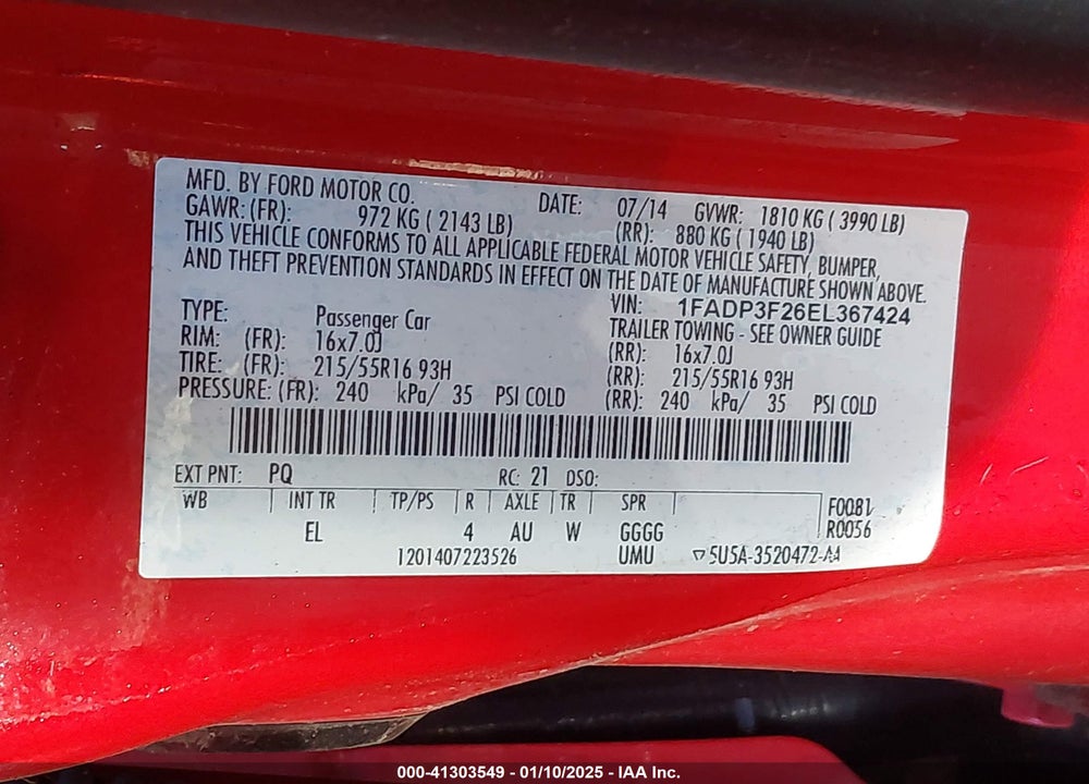 2014 FORD FOCUS VIN: 1FADP3F26EL367424