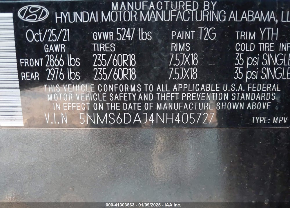 2022 HYUNDAI SANTA FE SEL VIN: 5NMS6DAJ4NH405727