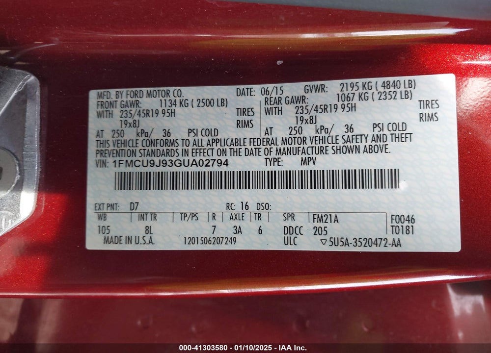 2016 FORD ESCAPE TITANIUM VIN: 1FMCU9J93GUA02794
