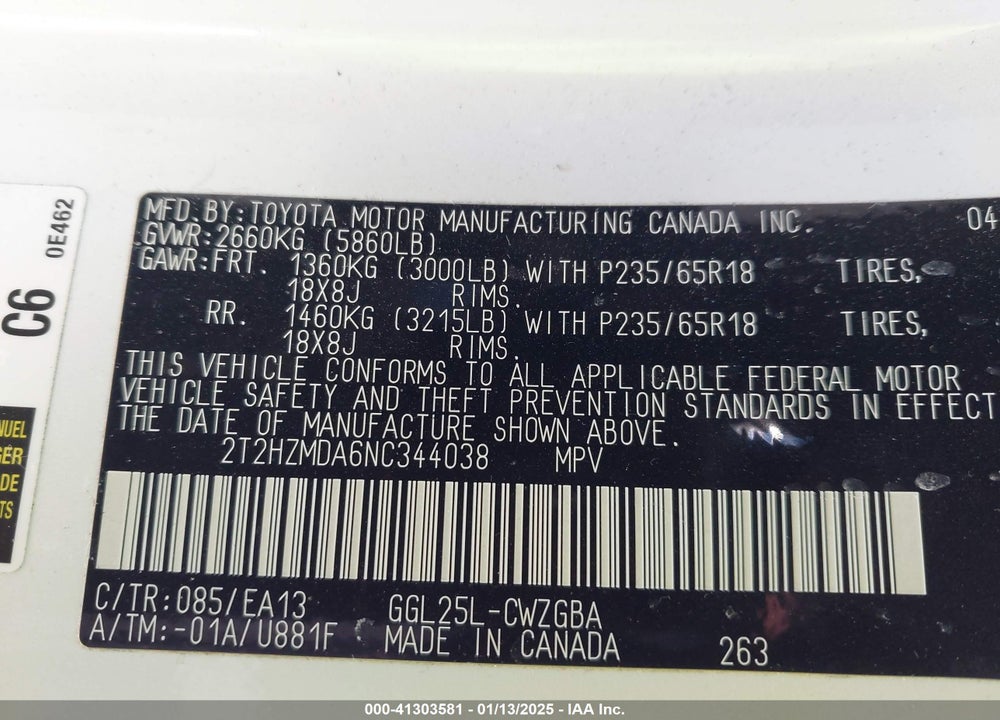 2022 LEXUS RX 350 VIN: 2T2HZMDA6NC344038