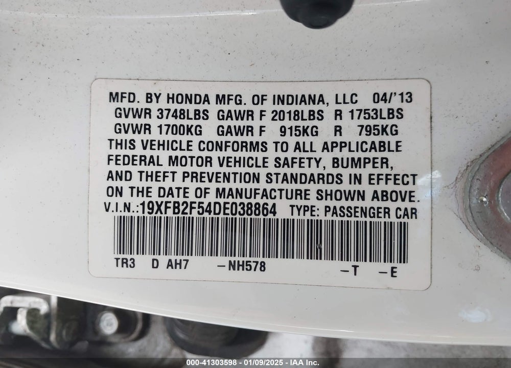 2013 HONDA CIVIC LX VIN: 19XFB2F54DE038864