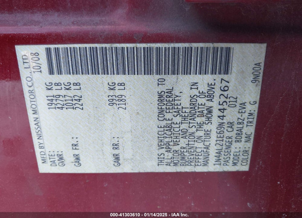 2009 NISSAN ALTIMA 2.5 S VIN: 1N4AL21E69N445267
