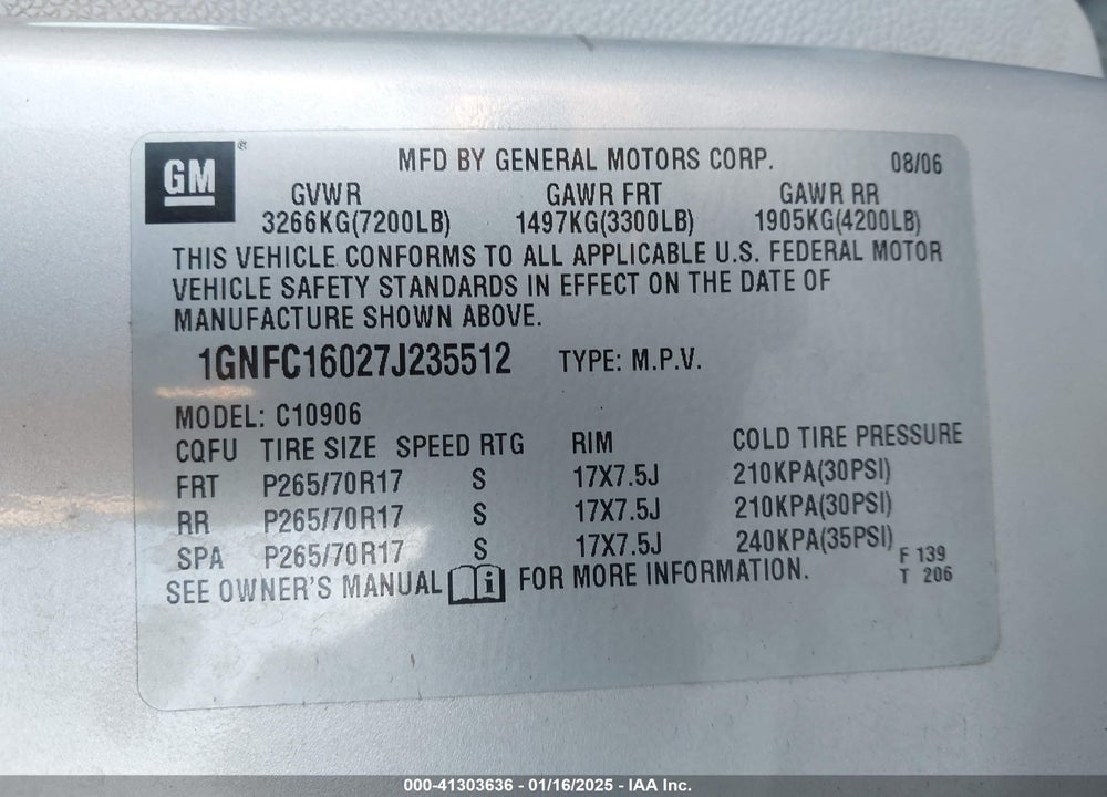 2007 CHEVROLET SUBURBAN 1500 LT VIN: 1GNFC16027J235512