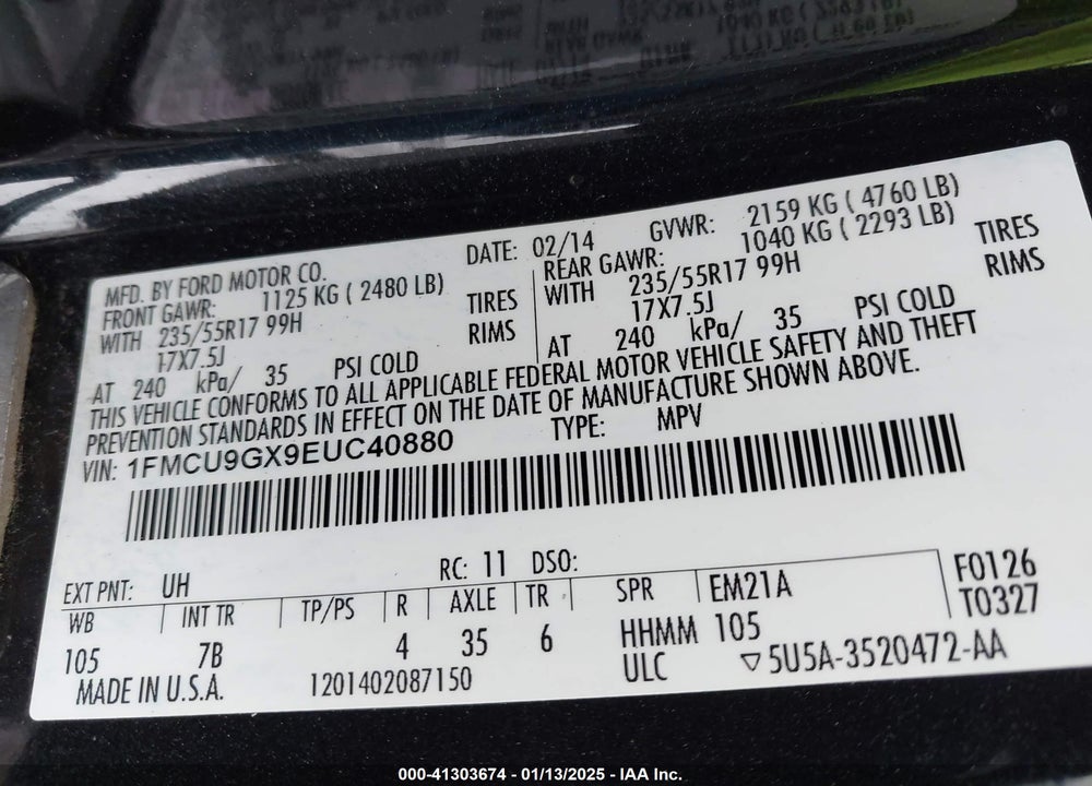 2014 FORD ESCAPE SE VIN: 1FMCU9GX9EUC40880