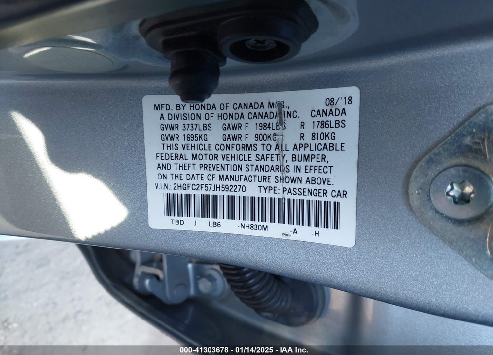 2018 HONDA CIVIC VIN: 2HGFC2F57JH592270