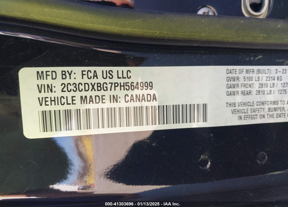 2023 DODGE CHARGER SXT VIN: 2C3CDXBG7PH564999