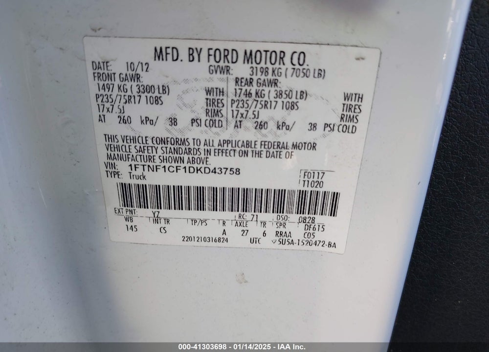 2013 FORD F-150 VIN: 1FTNF1CF1DKD43758
