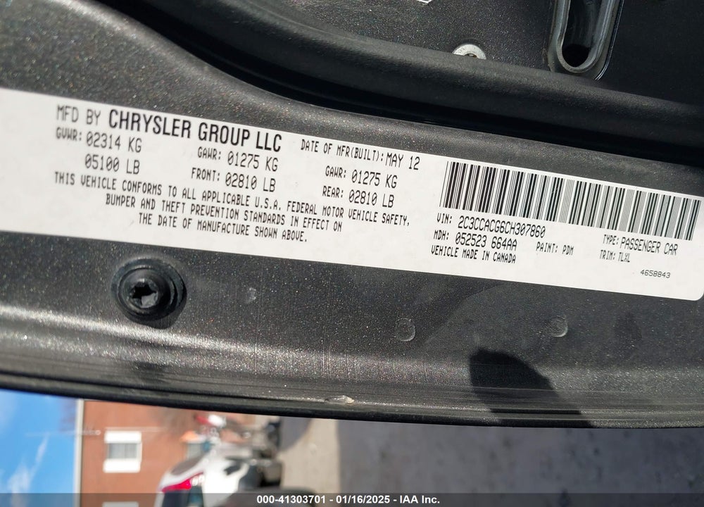 2012 CHRYSLER 300 LIMITED VIN: 2C3CCACG6CH307860