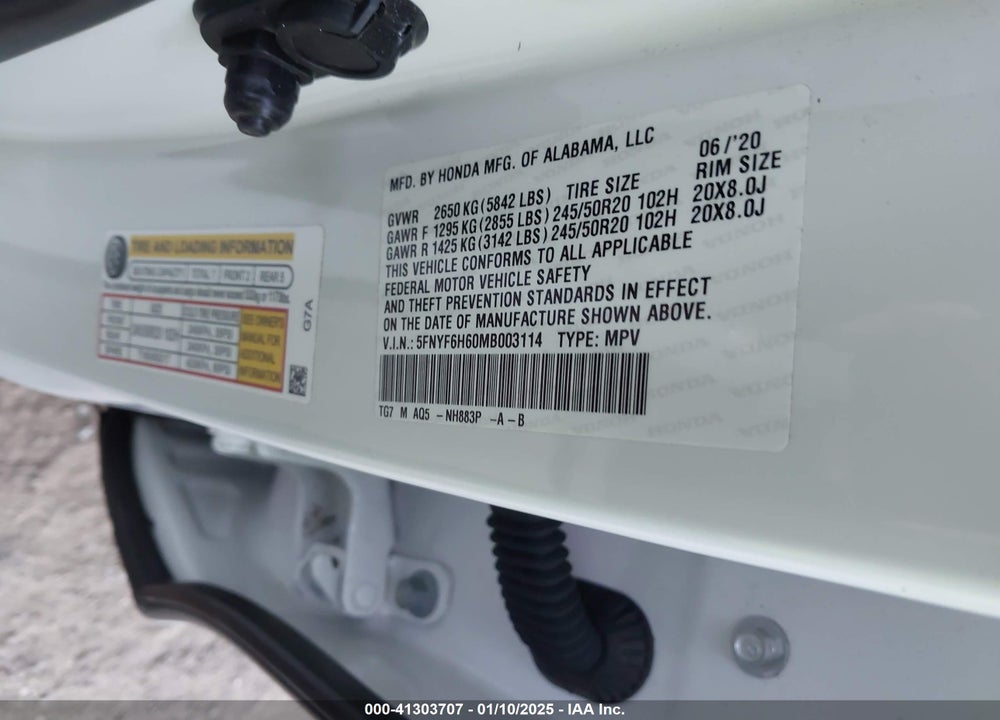 2021 HONDA PILOT VIN: 5FNYF6H60MB003114
