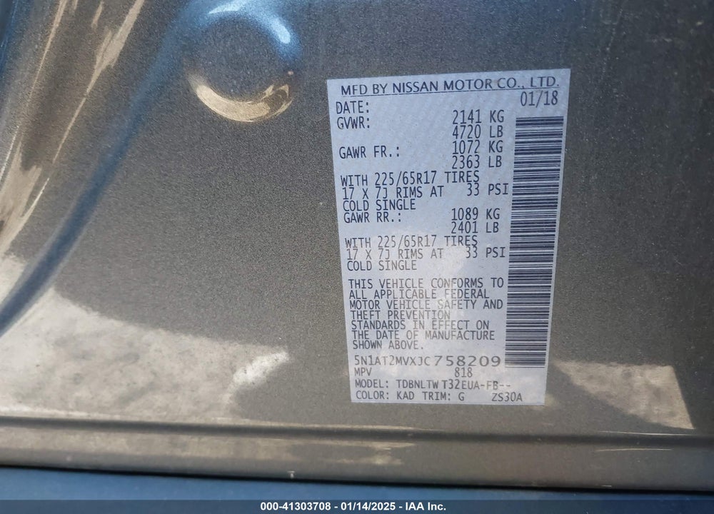 2018 NISSAN ROGUE SV VIN: 5N1AT2MVXJC758209