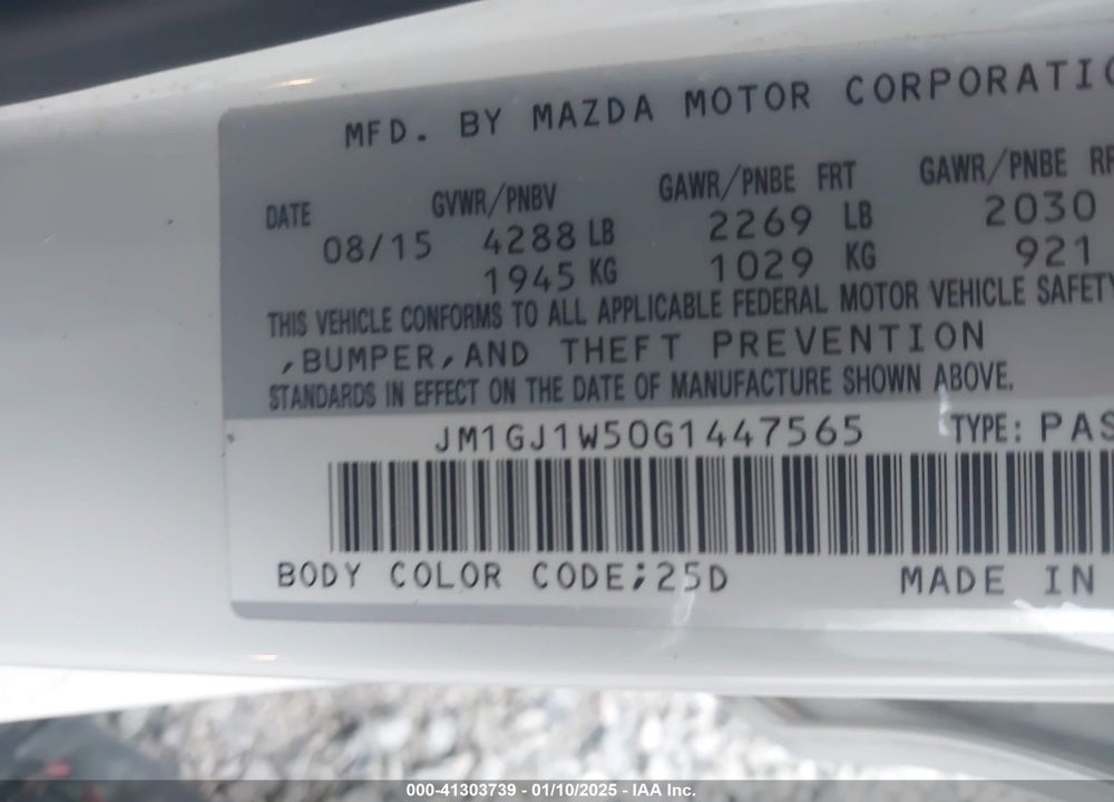 2016 MAZDA 6 I GRAND TOURING VIN: JM1GJ1W50G1447565