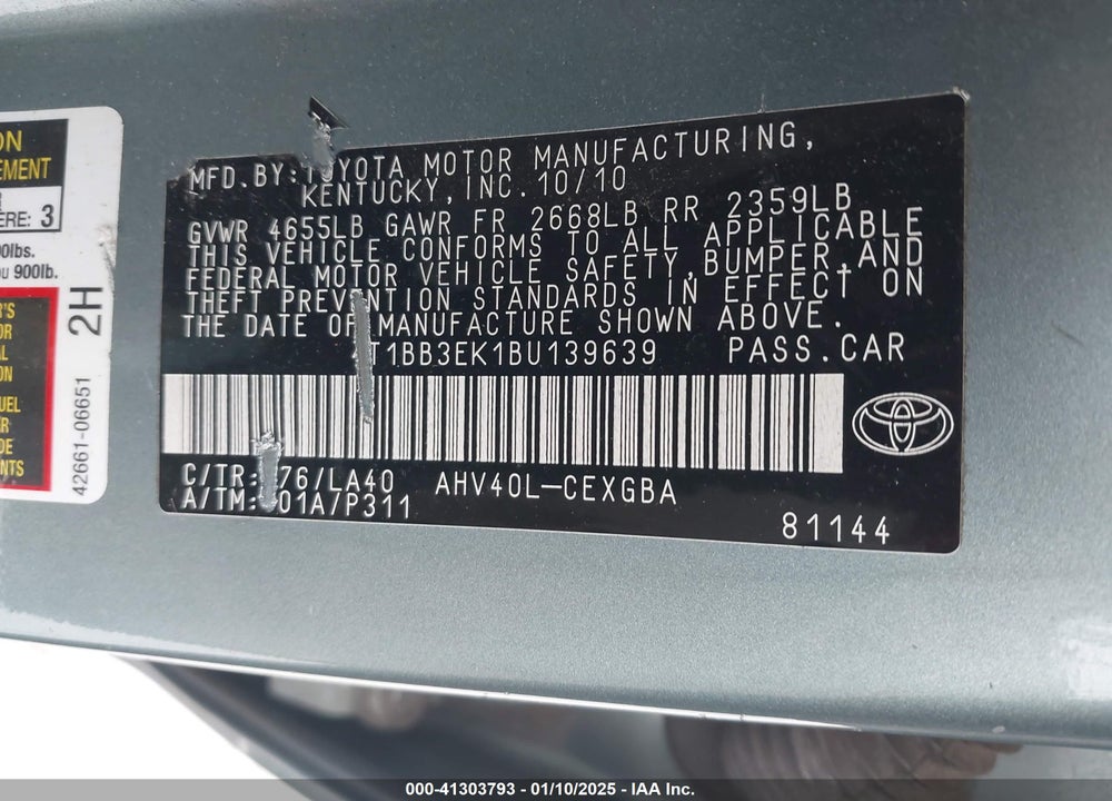 2011 TOYOTA CAMRY VIN: 4T1BB3EK1BU139639