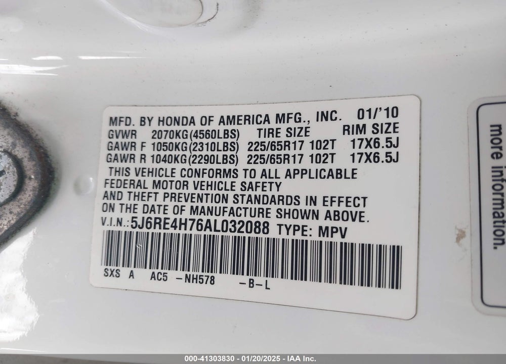 2010 HONDA CR-V EX-L VIN: 5J6RE4H76AL032088