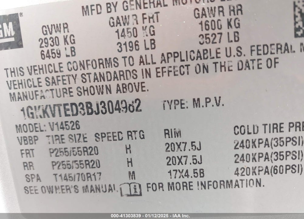 2011 GMC ACADIA DENALI VIN: 1GKKVTED3BJ304982