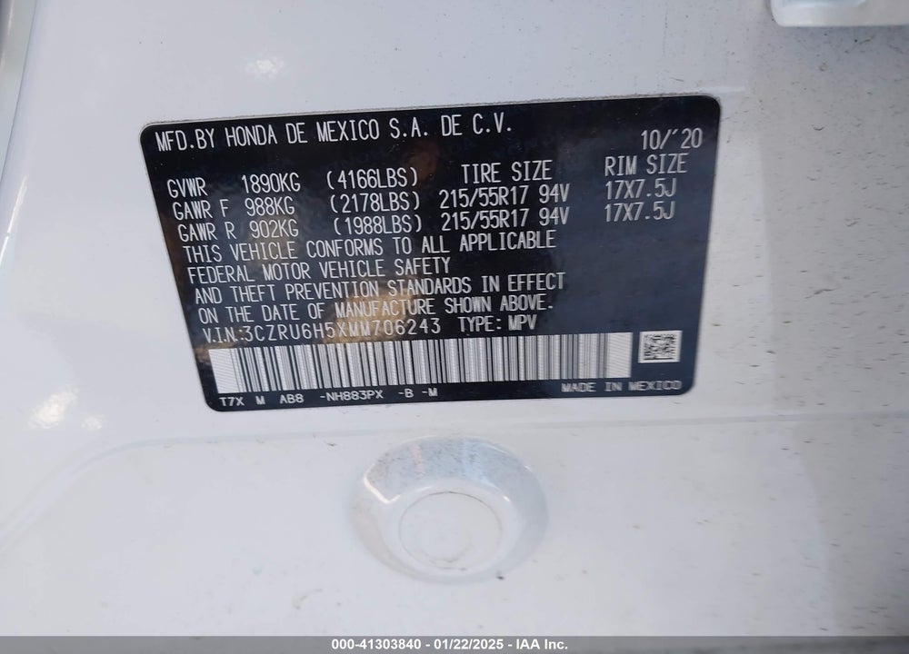 2021 HONDA HR-V AWD EX VIN: 3CZRU6H5XMM706243