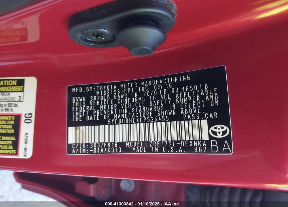 2016 TOYOTA COROLLA VIN: 5YFBURHEXGP525455