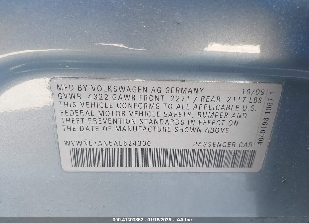 2010 VOLKSWAGEN CC VIN: WVWNL7AN5AE524300