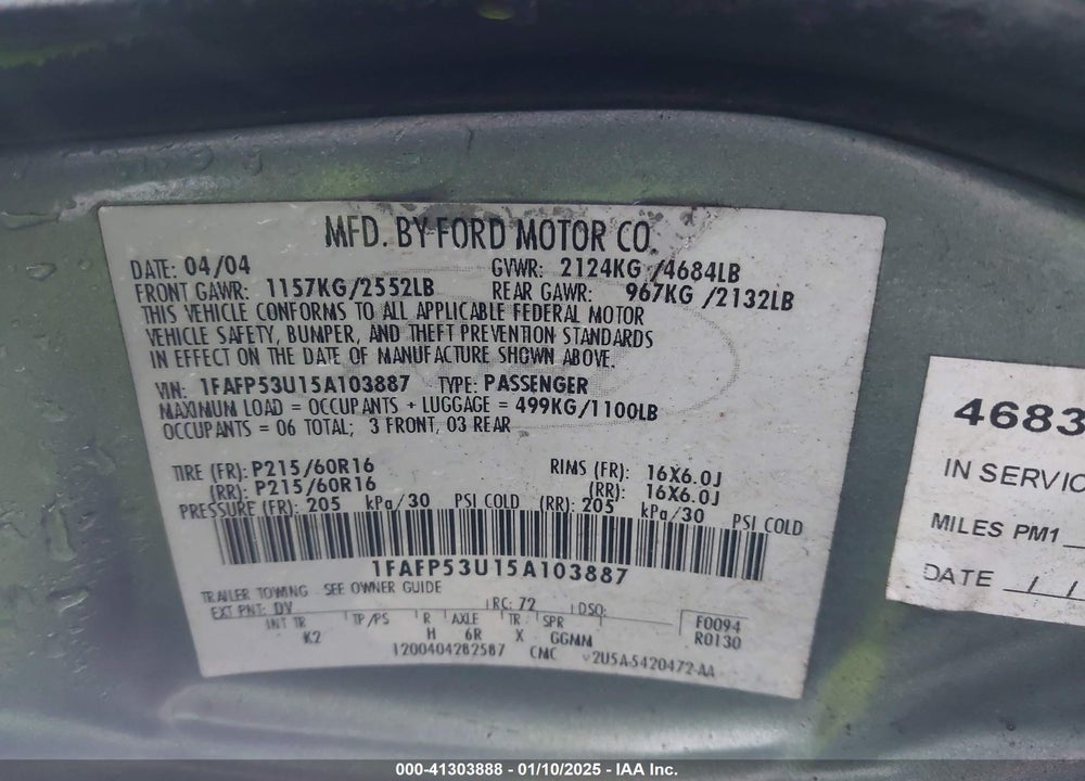 2005 FORD TAURUS SE VIN: 1FAFP53U15A103887