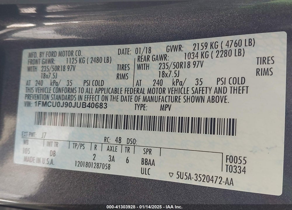 2018 FORD ESCAPE TITANIUM VIN: 1FMCU0J90JUB40683