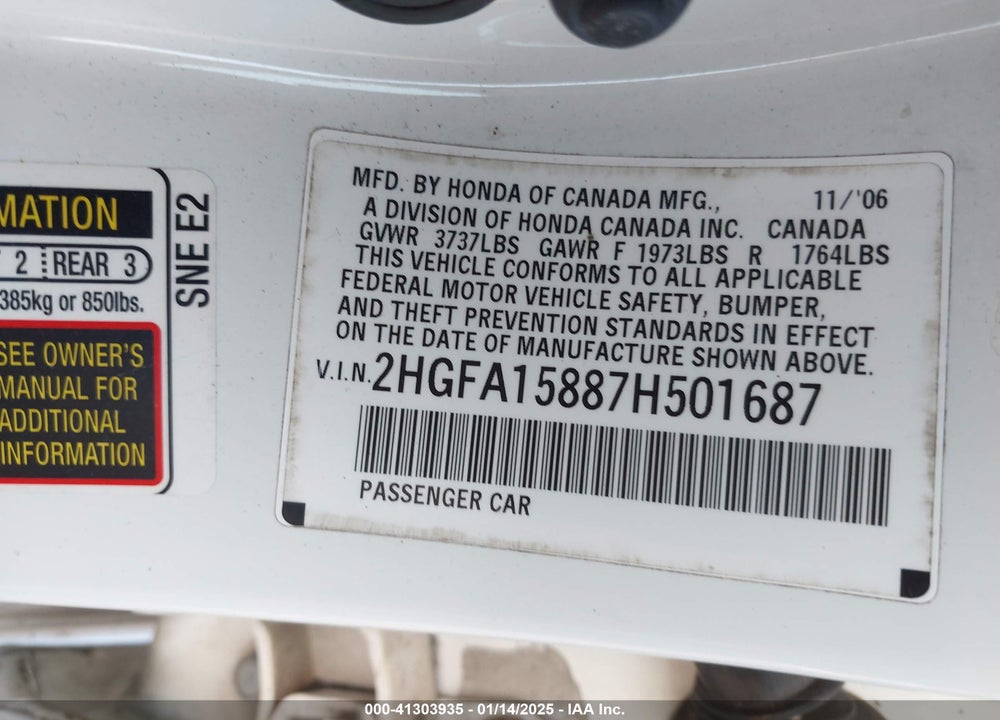 2007 HONDA CIVIC VIN: 2HGFA15887H501687