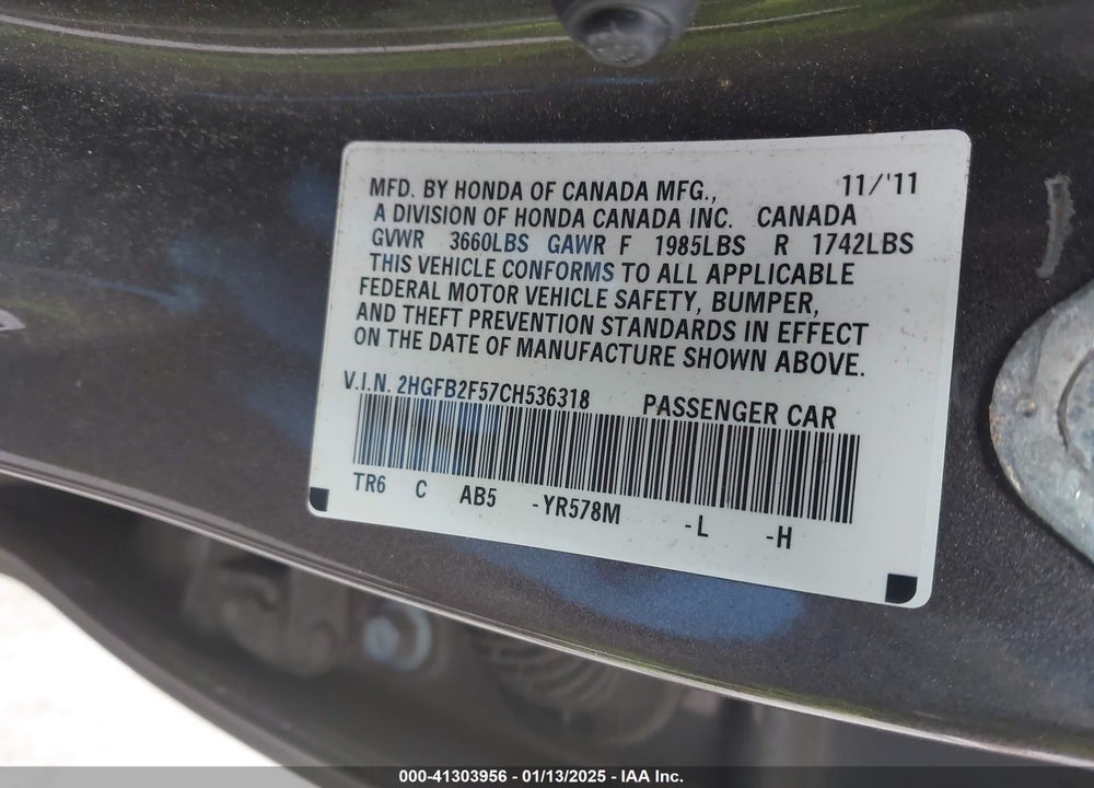 2012 HONDA CIVIC SDN LX VIN: 2HGFB2F57CH536318