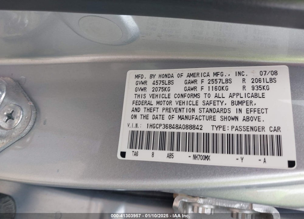 2008 HONDA ACCORD VIN: 1HGCP36848A088842
