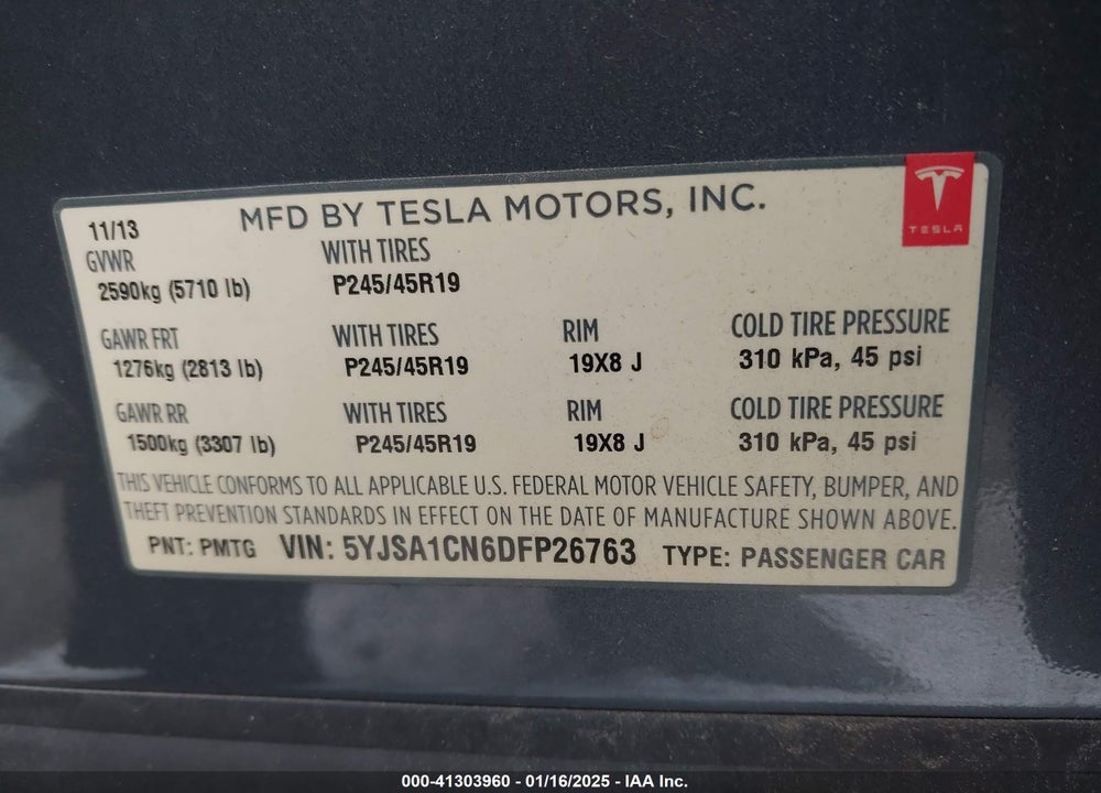 2013 TESLA MODEL S VIN: 5YJSA1CN6DFP26763