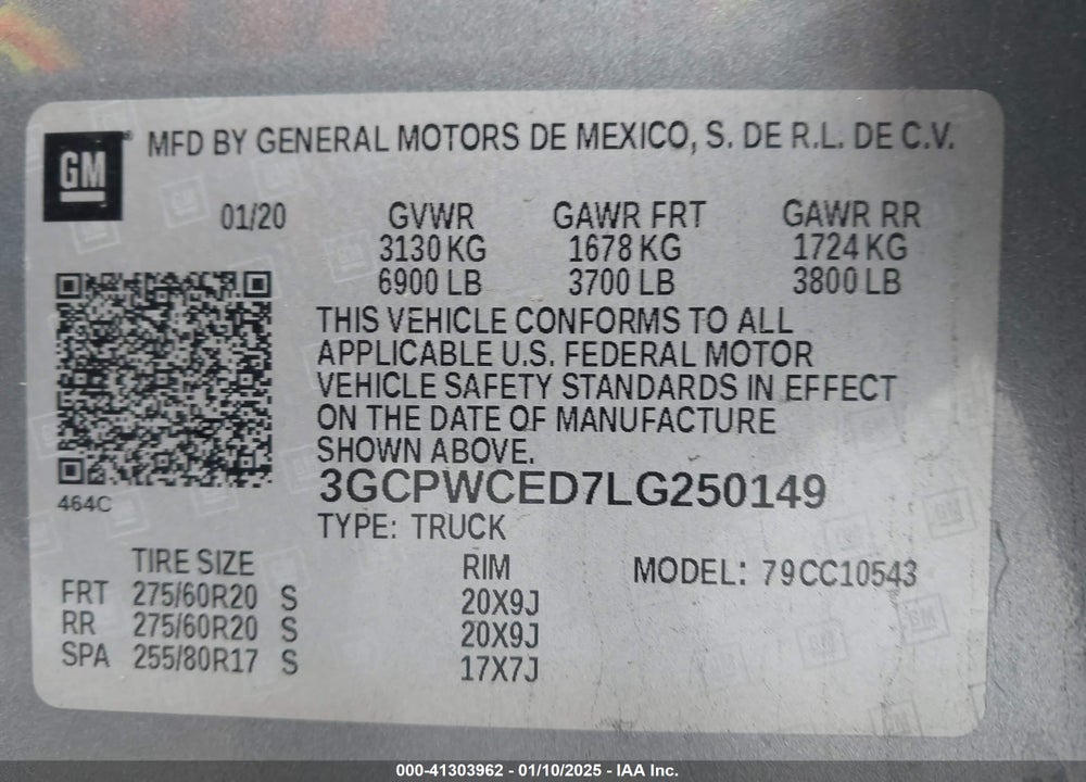 2020 CHEVROLET SILVERADO 1500 VIN: 3GCPWCED7LG250149