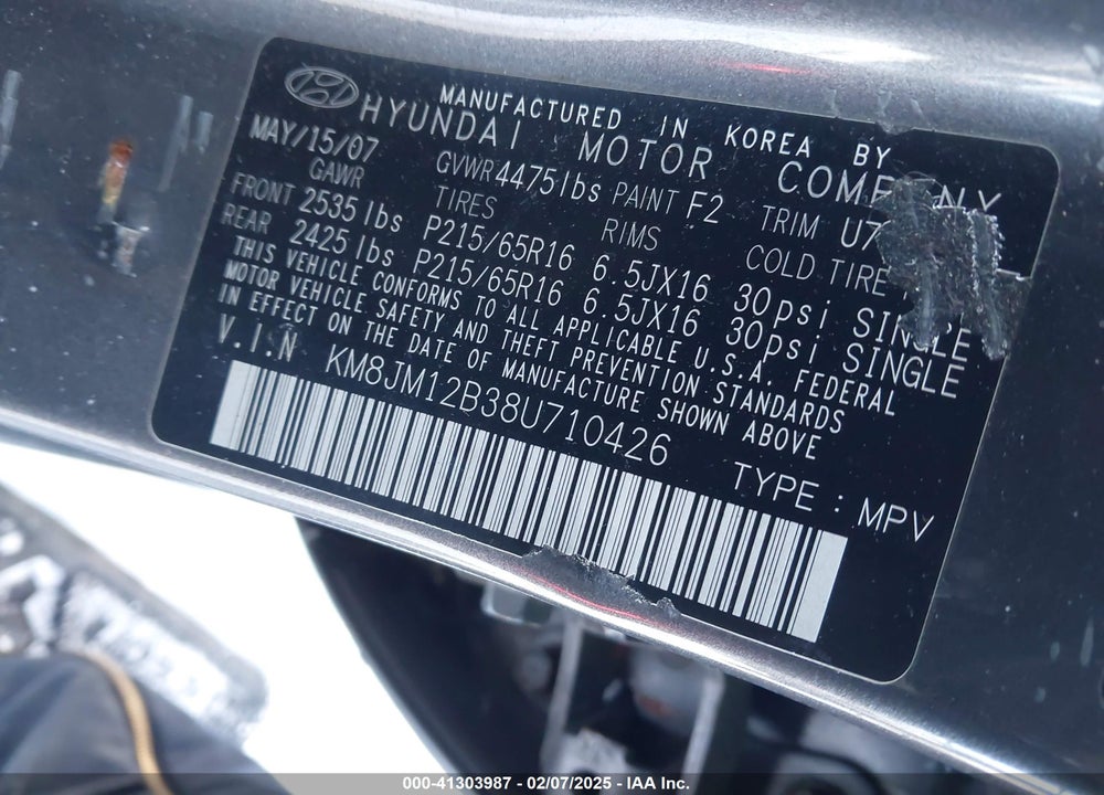 2008 HYUNDAI TUCSON GLS VIN: KM8JM12B38U710426