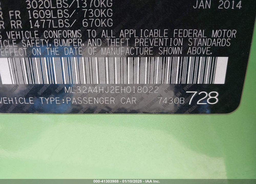 2014 MITSUBISHI MIRAGE ES VIN: ML32A4HJ2EH018022
