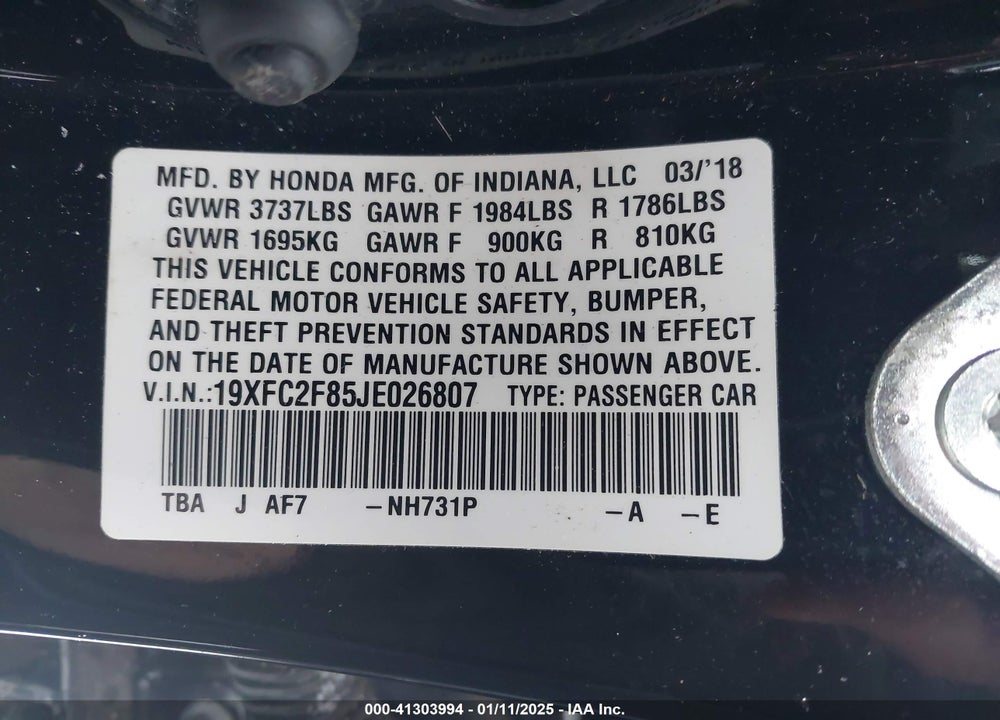 2018 HONDA CIVIC VIN: 19XFC2F85JE026807