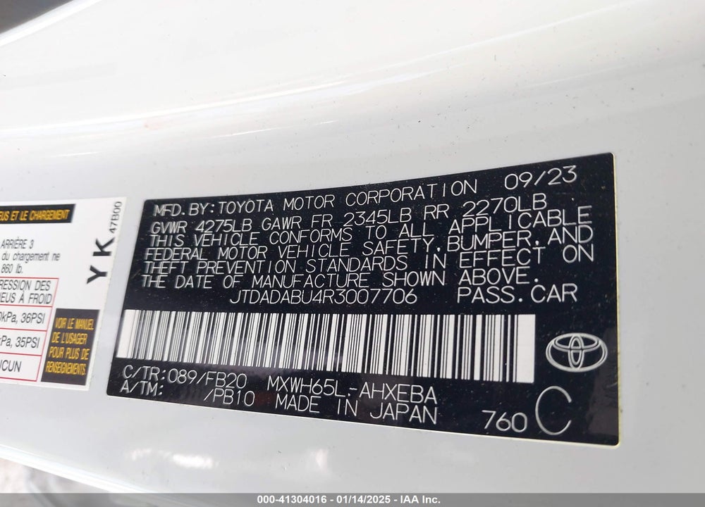 2024 TOYOTA PRIUS VIN: JTDADABU4R3007706