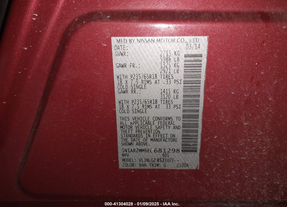 2014 NISSAN PATHFINDER SL VIN: 5N1AR2MM6EC681298