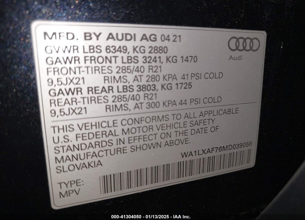 2021 AUDI Q7 PREMIUM PLUS 55 TFSI QUATTRO TIPTRONIC VIN: WA1LXAF76MD039056