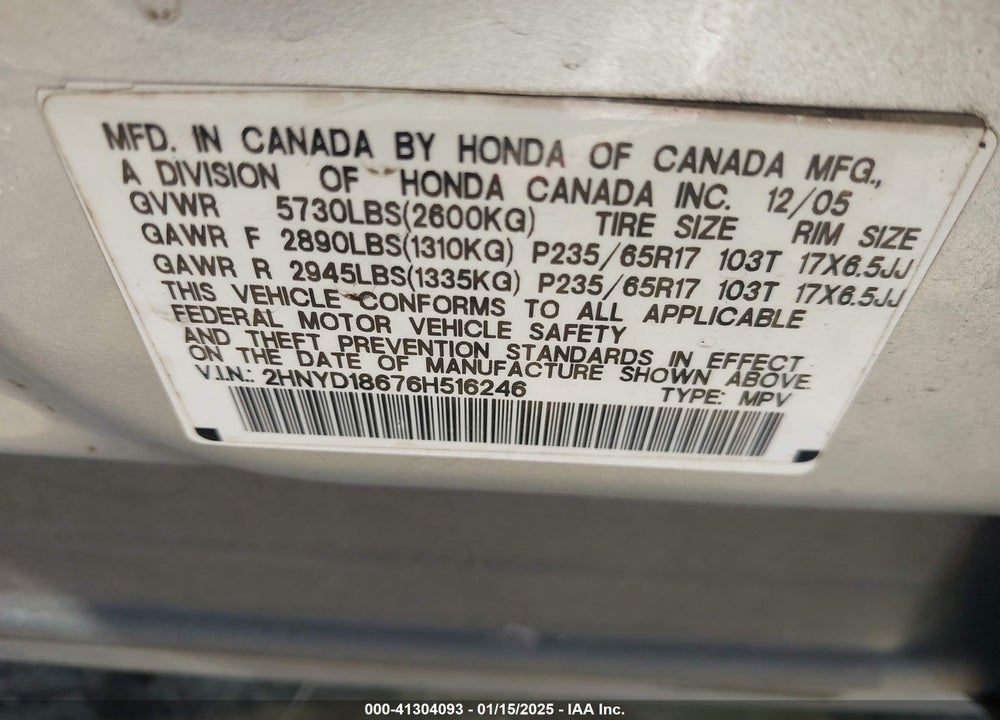 2006 ACURA MDX VIN: 2HNYD18676H516246