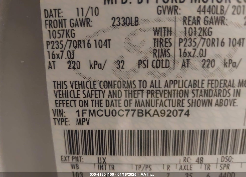 2011 FORD ESCAPE XLS VIN: 1FMCU0C77BKA92074