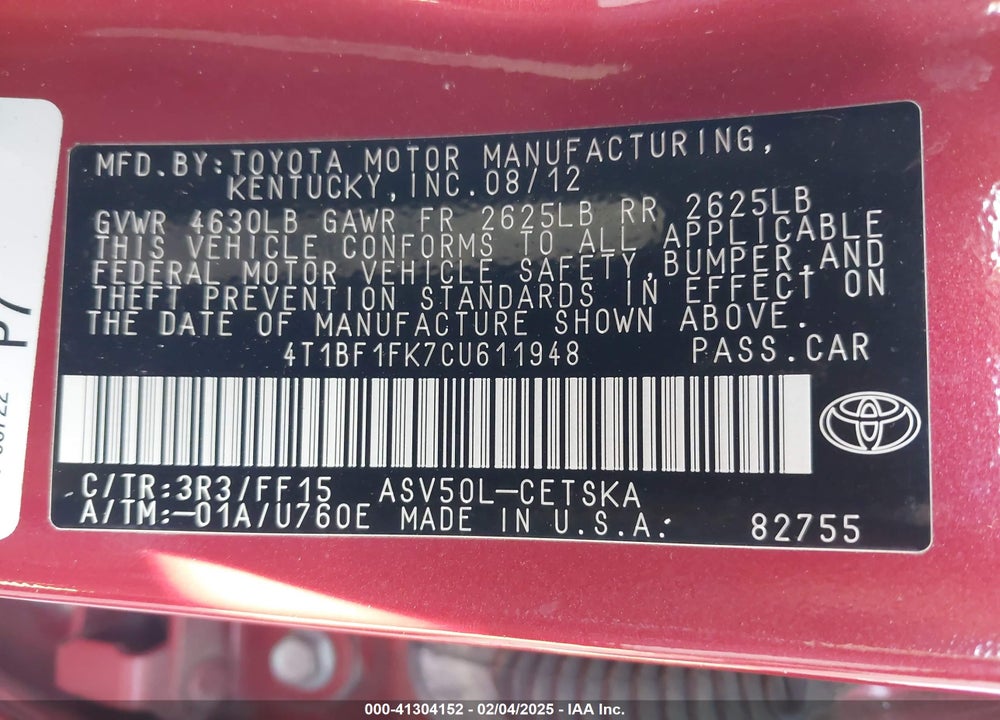 2012 TOYOTA CAMRY SE VIN: 4T1BF1FK7CU611948