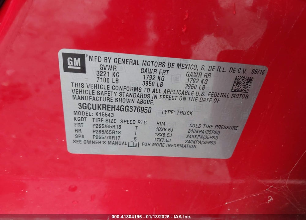 2016 CHEVROLET SILVERADO 1500 VIN: 3GCUKREH4GG376950