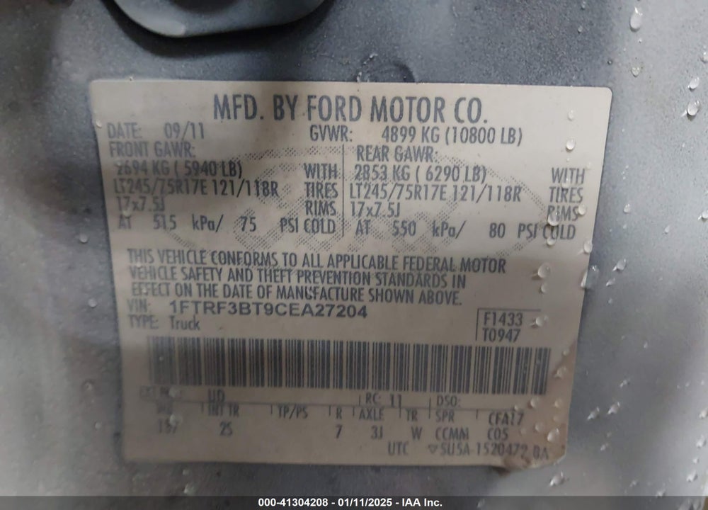 2012 FORD F-350 XL VIN: 1FTRF3BT9CEA27204