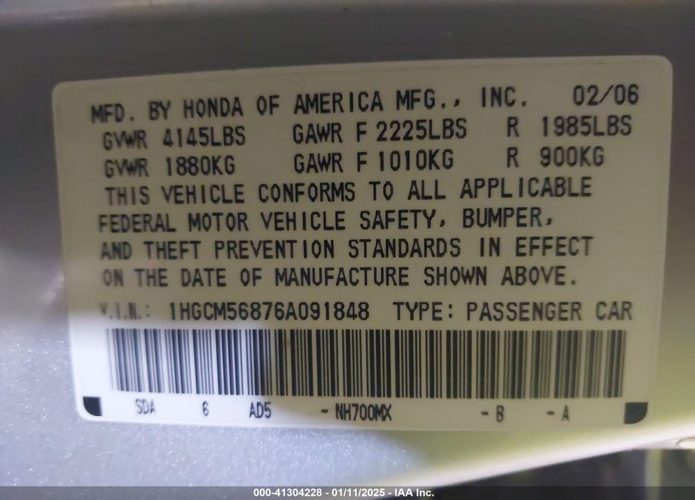 2006 HONDA ACCORD VIN: 1HGCM56876A091848